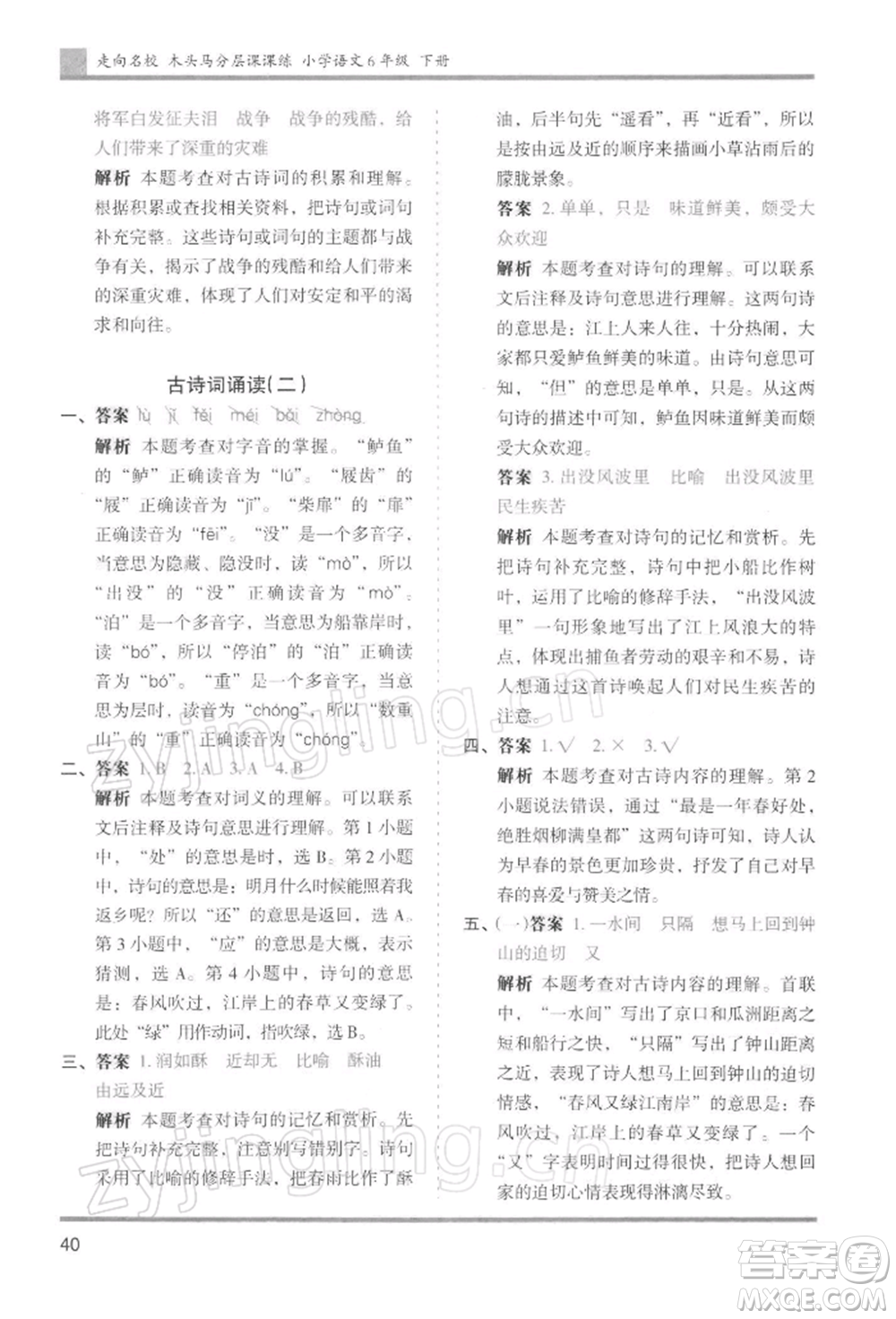 湖南師范大學(xué)出版社2022木頭馬分層課課練六年級下冊語文人教版浙江專版參考答案