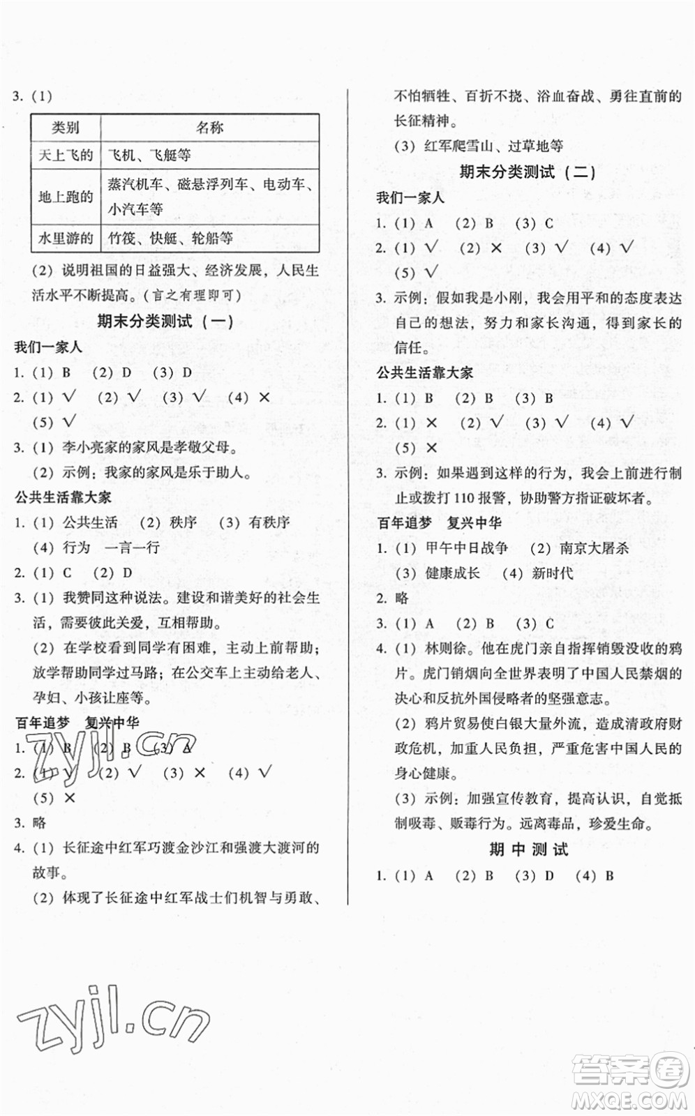 山東畫報出版社2022一課三練單元測試五年級道德與法治下冊人教版答案