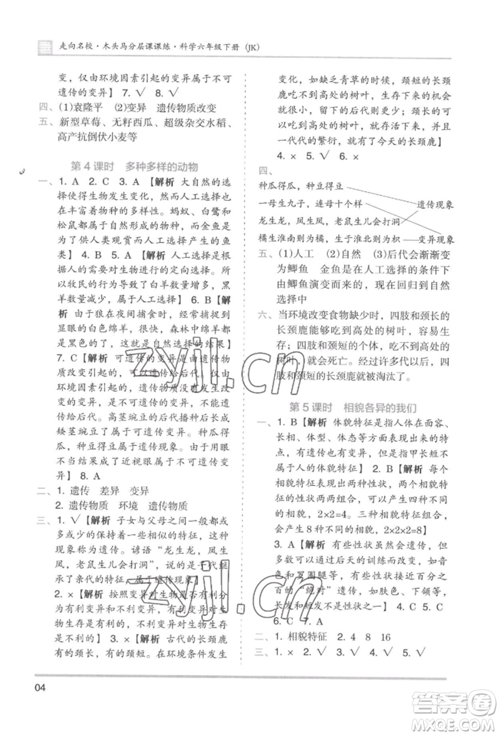 湖南師范大學出版社2022木頭馬分層課課練六年級下冊科學教科版參考答案