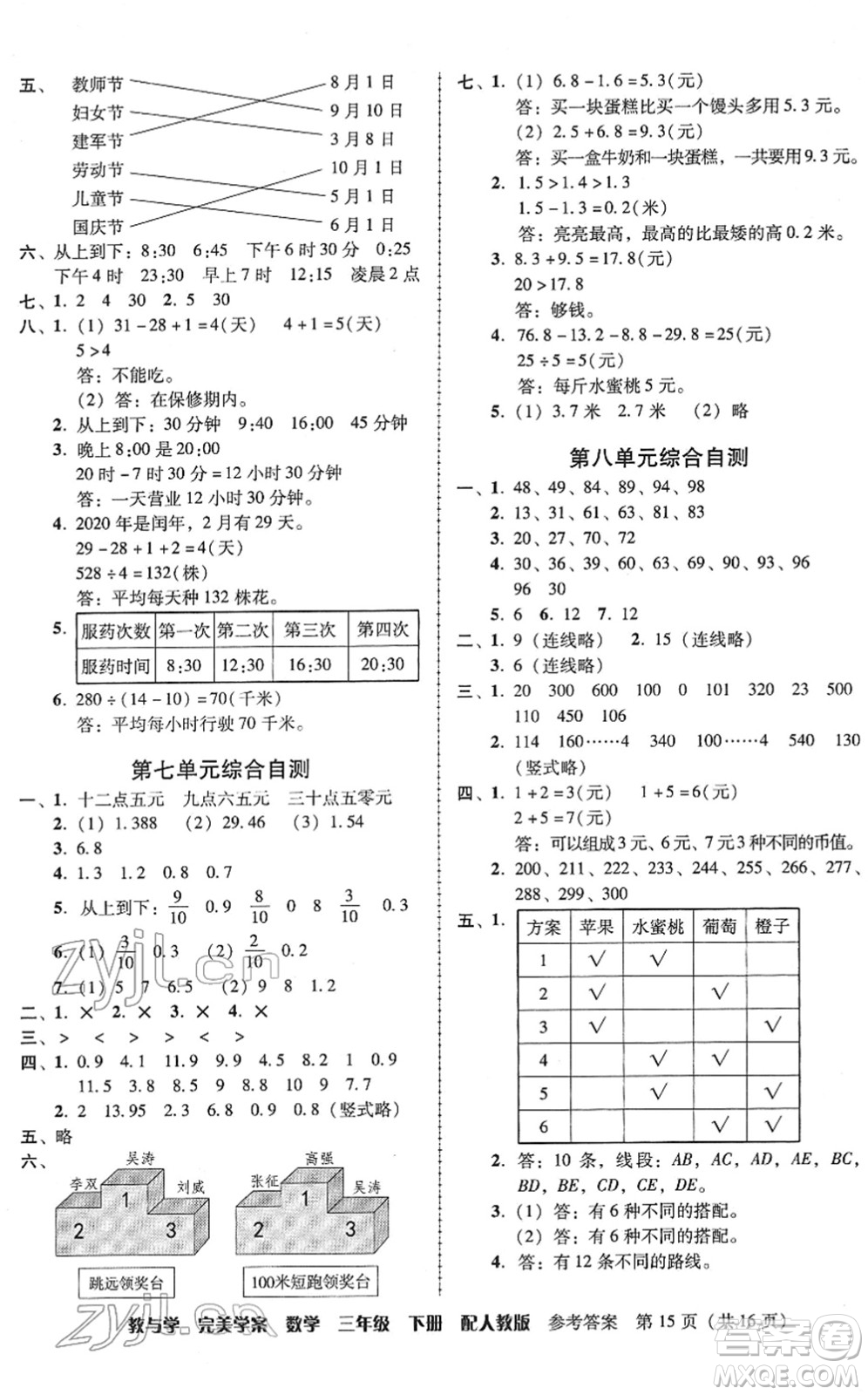 安徽人民出版社2022完美學(xué)案教與學(xué)三年級(jí)數(shù)學(xué)下冊(cè)人教版答案