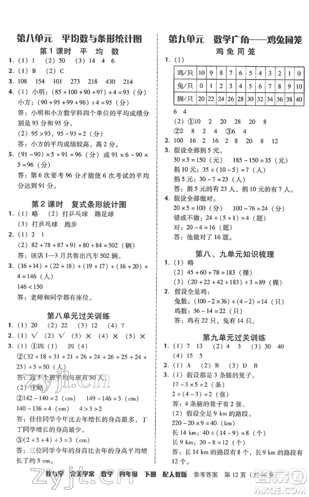 安徽人民出版社2022完美學(xué)案教與學(xué)四年級(jí)數(shù)學(xué)下冊(cè)人教版答案