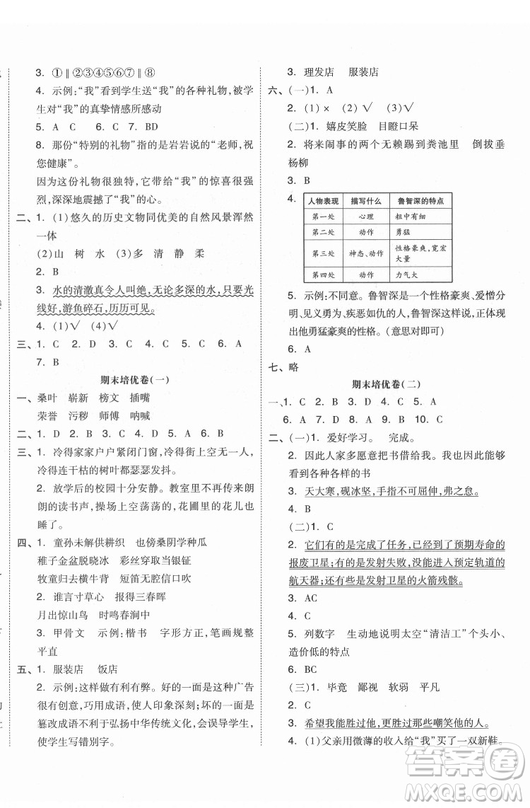 天津人民出版社2022全品小復(fù)習(xí)語文五年級(jí)下冊(cè)人教版江蘇專版答案