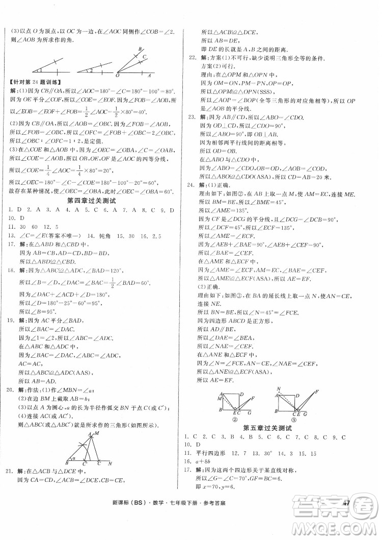 陽光出版社2022全品小復習七年級下冊數學北師版答案