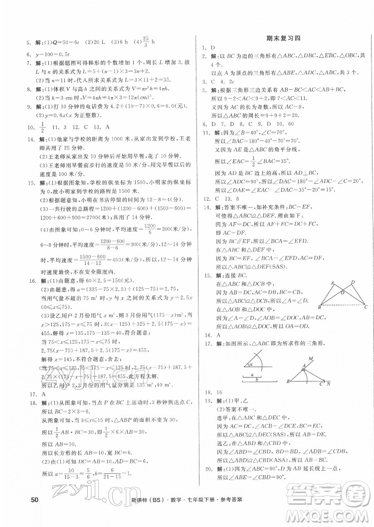 陽光出版社2022全品小復習七年級下冊數學北師版答案