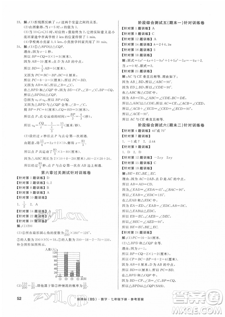 陽光出版社2022全品小復習七年級下冊數學北師版答案