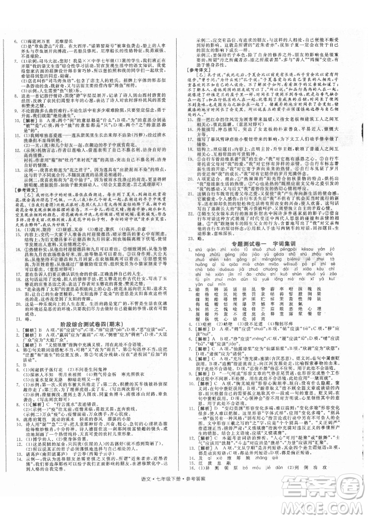 陽光出版社2022全品小復(fù)習(xí)七年級下冊語文人教版答案