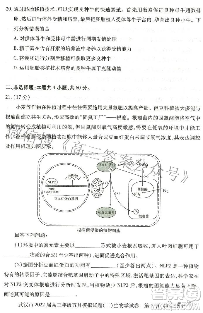 武漢市2022屆高三年級(jí)五月模擬試題二生物學(xué)試題及答案