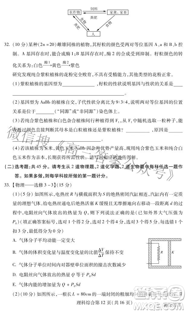 2022年東北三省四市教研聯(lián)合體高考模擬試卷二理科綜合試題及答案