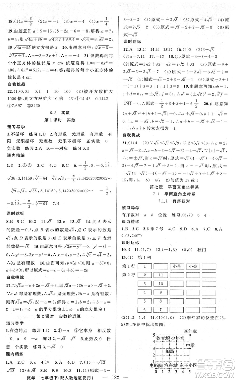 新疆青少年出版社2022黃岡金牌之路練闖考七年級數(shù)學下冊人教版答案