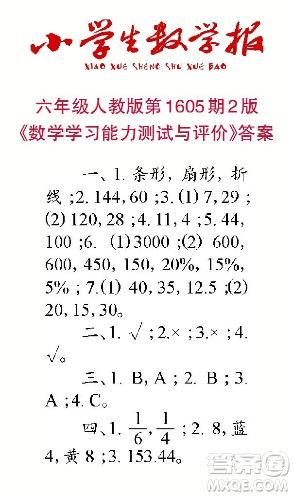 2022春小學(xué)生數(shù)學(xué)報(bào)六年級(jí)第1605期答案