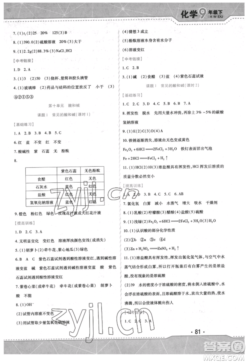 吉林出版集團(tuán)股份有限公司2022精析巧練階段驗(yàn)收與測試九年級(jí)下冊化學(xué)人教版參考答案