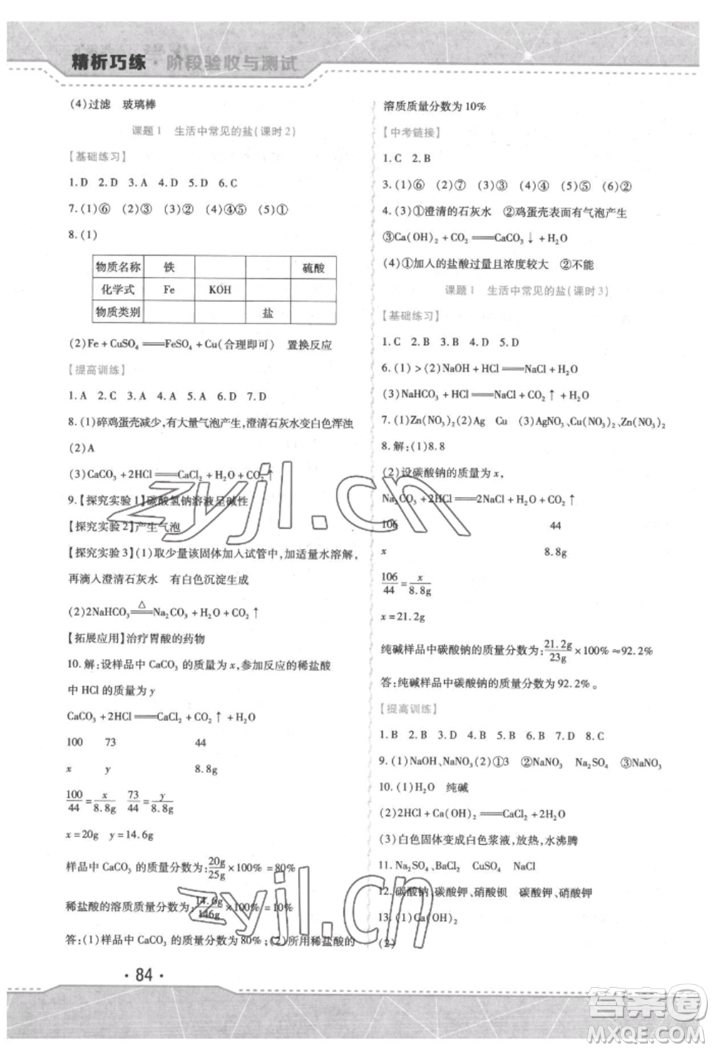 吉林出版集團(tuán)股份有限公司2022精析巧練階段驗(yàn)收與測試九年級(jí)下冊化學(xué)人教版參考答案