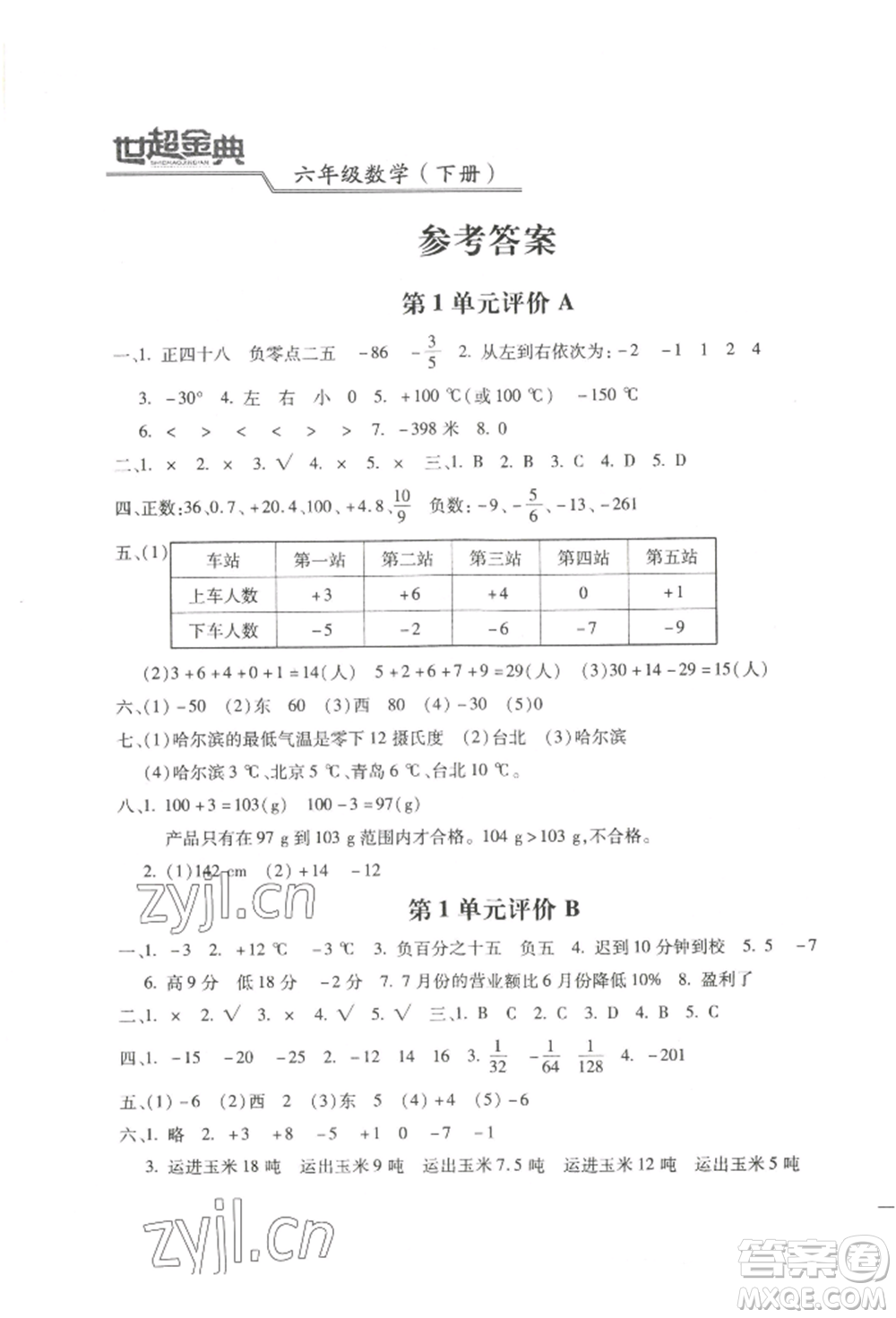 河北少年兒童出版社2022世超金典三維達標(biāo)自測卷六年級下冊數(shù)學(xué)人教版參考答案