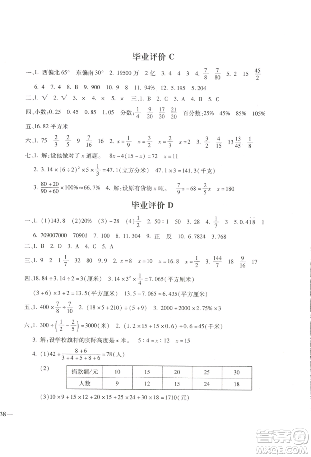 河北少年兒童出版社2022世超金典三維達標(biāo)自測卷六年級下冊數(shù)學(xué)人教版參考答案