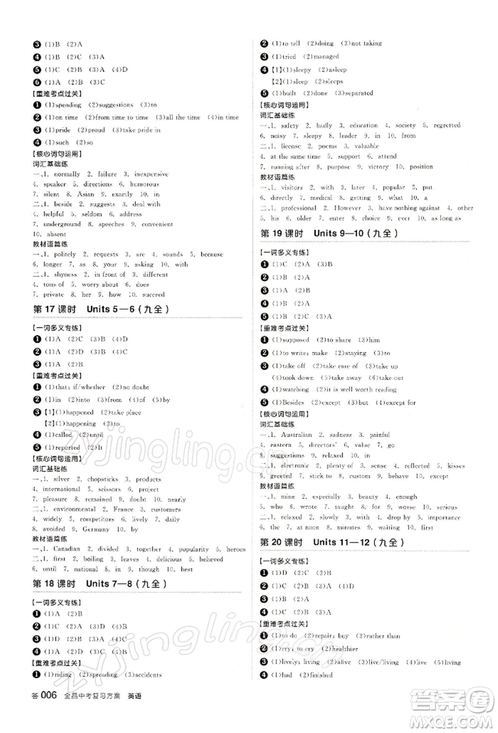 江西美術(shù)出版社2022全品中考復(fù)習(xí)方案聽課手冊英語人教版寧夏專版參考答案