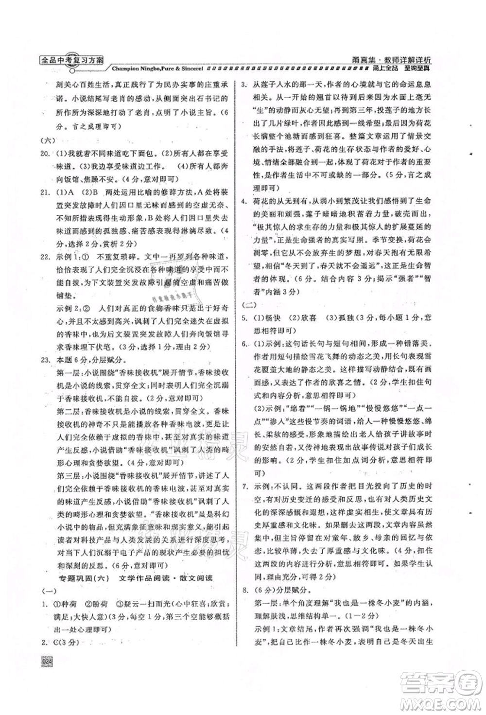 天津人民出版社2022全品中考復習方案甬真集語文人教版寧波專版參考答案