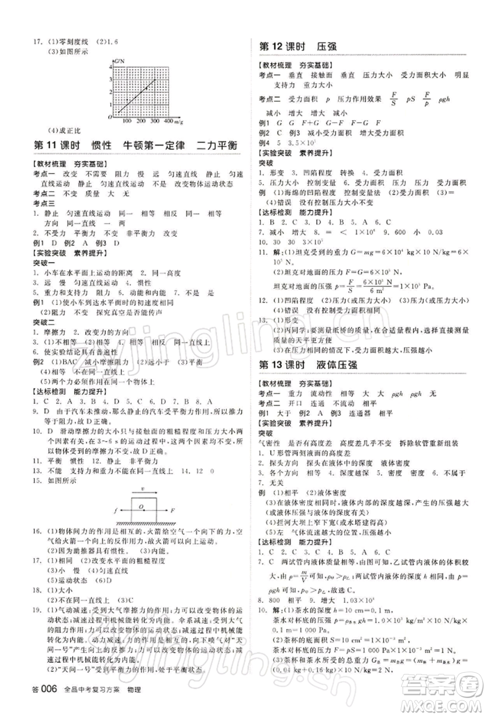 江西美術(shù)出版社2022全品中考復(fù)習(xí)方案物理通用版寧夏專版參考答案