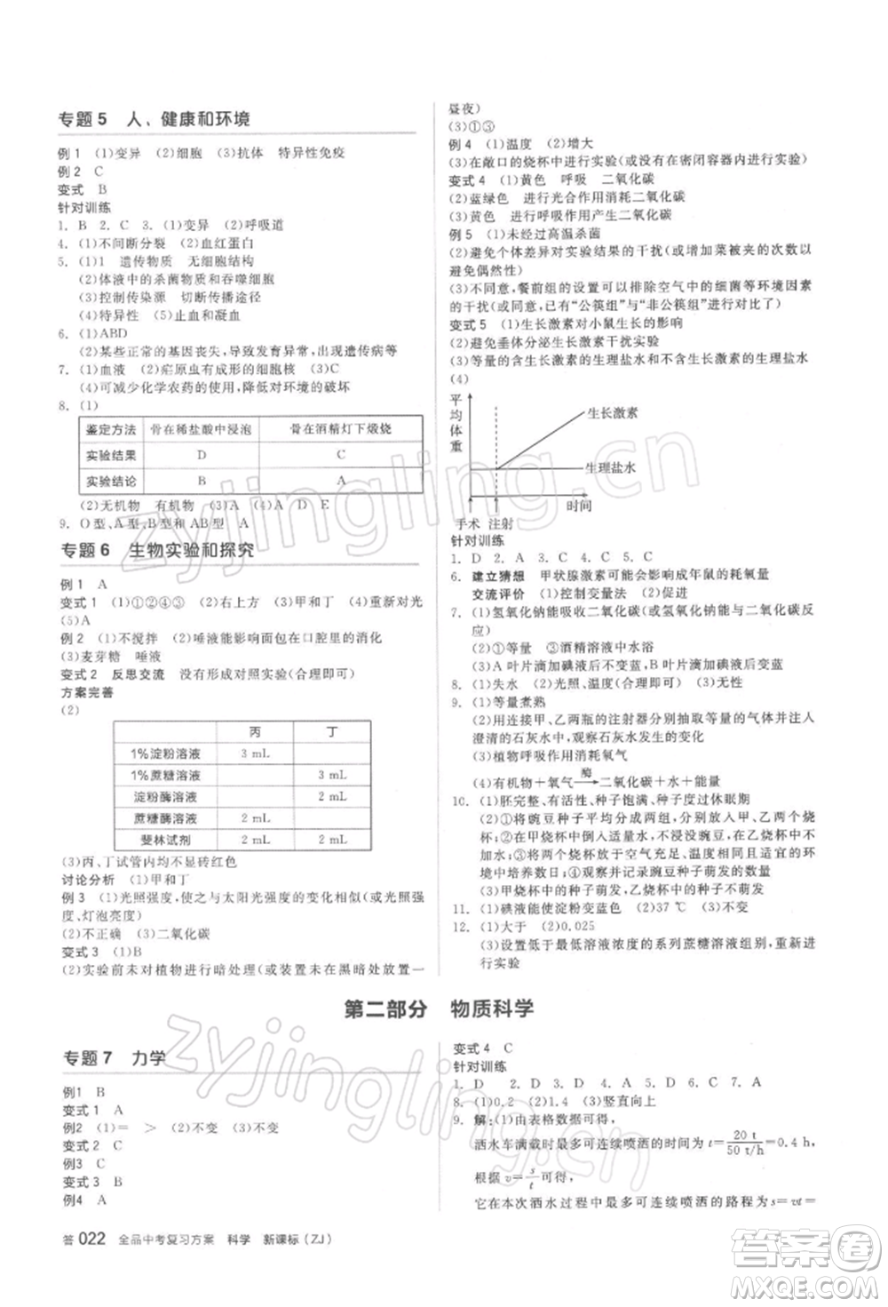 陽光出版社2022全品中考復(fù)習(xí)方案備考手冊科學(xué)浙教版浙江專版參考答案