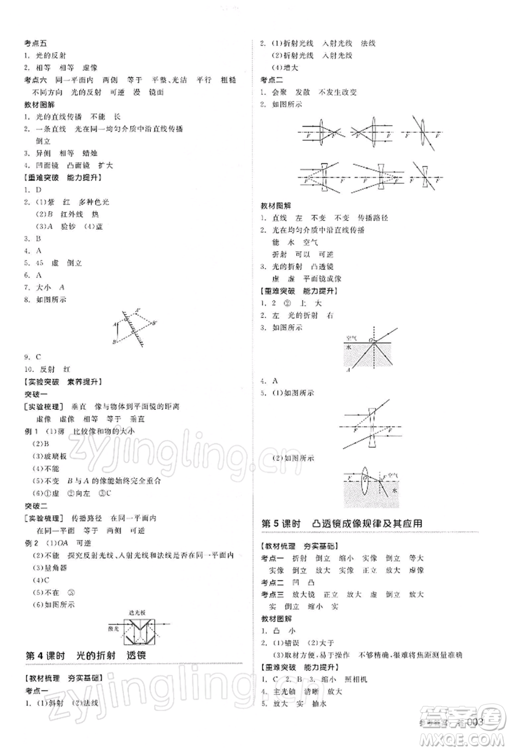 陽光出版社2022全品中考復(fù)習方案聽課手冊物理蘇科版江蘇專版參考答案