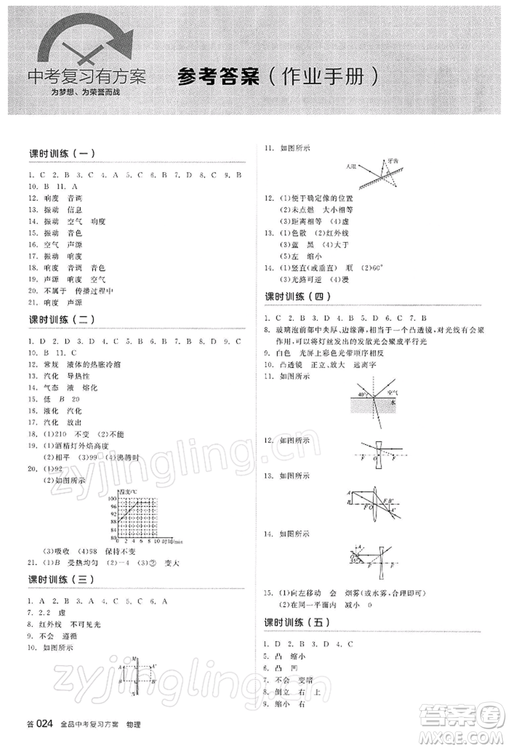 陽光出版社2022全品中考復(fù)習方案聽課手冊物理蘇科版江蘇專版參考答案