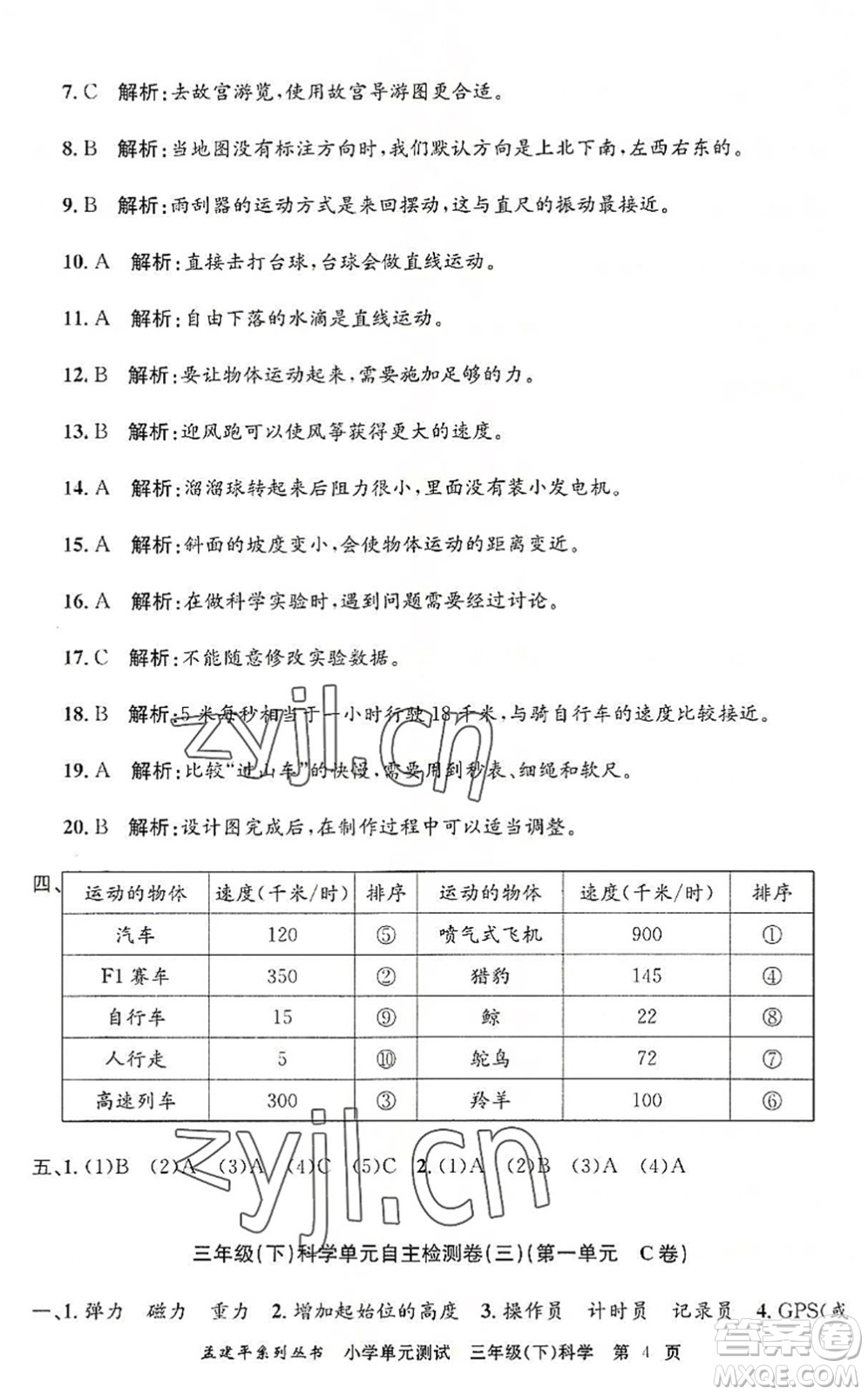 浙江工商大學(xué)出版社2022孟建平小學(xué)單元測試三年級科學(xué)下冊J教科版答案