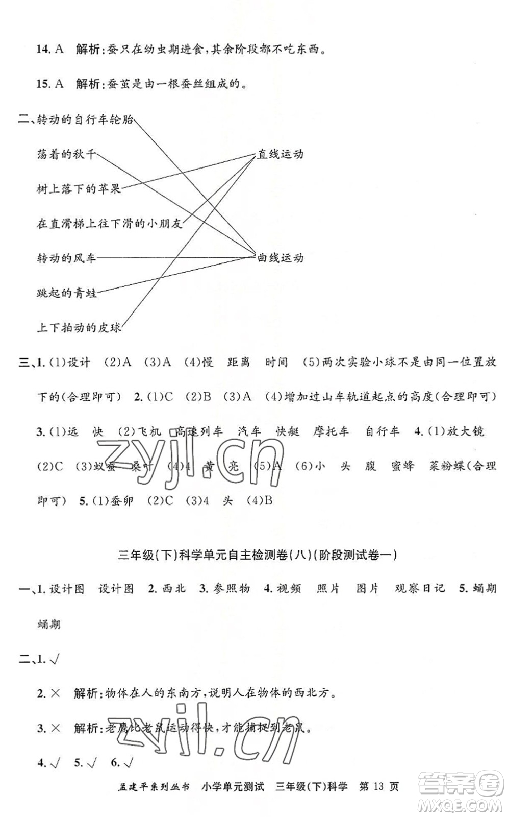 浙江工商大學(xué)出版社2022孟建平小學(xué)單元測試三年級科學(xué)下冊J教科版答案