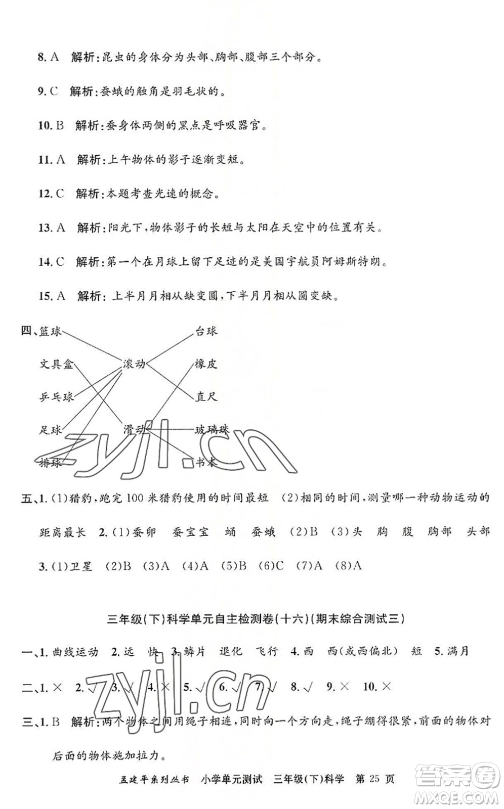 浙江工商大學(xué)出版社2022孟建平小學(xué)單元測試三年級科學(xué)下冊J教科版答案