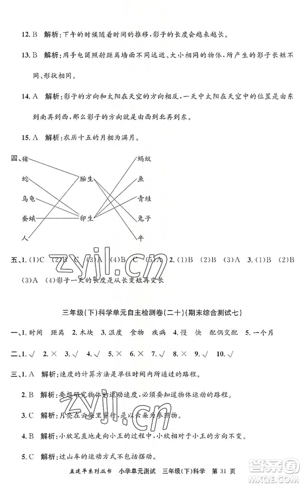 浙江工商大學(xué)出版社2022孟建平小學(xué)單元測試三年級科學(xué)下冊J教科版答案