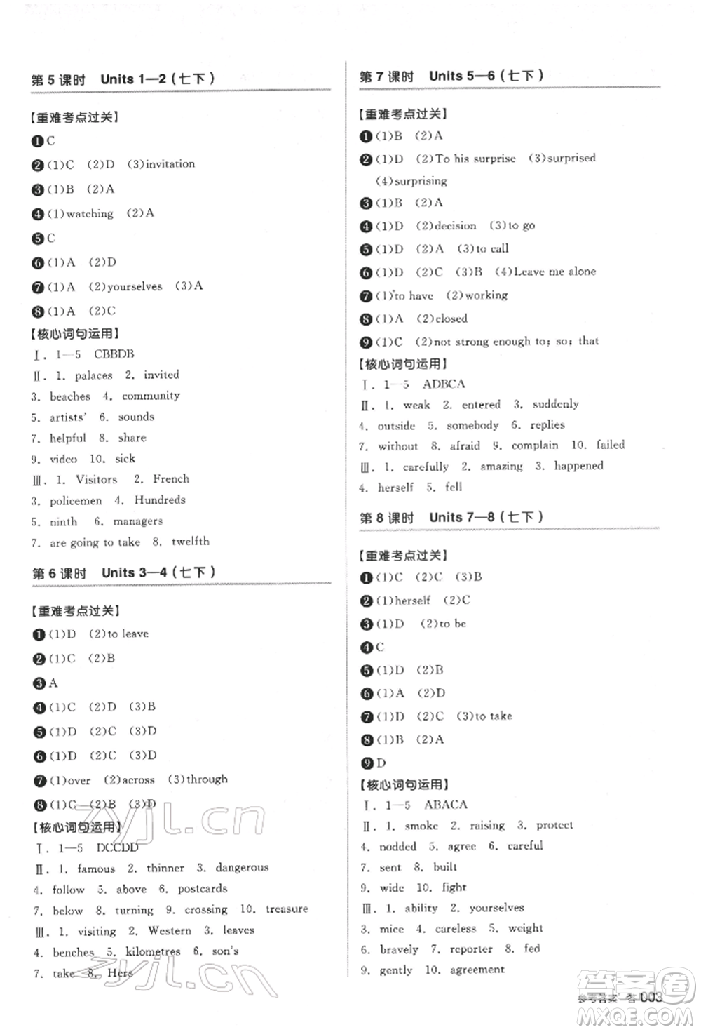 陽光出版社2022全品中考復習方案聽課手冊英語通用版鹽城專版參考答案