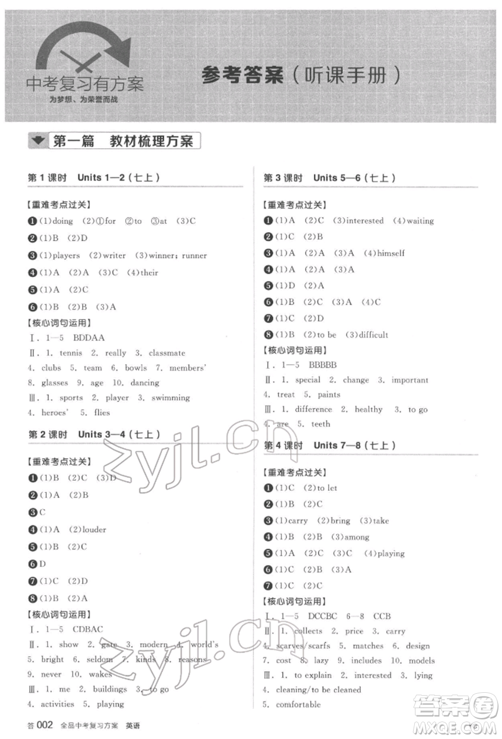 陽光出版社2022全品中考復習方案聽課手冊英語通用版鹽城專版參考答案