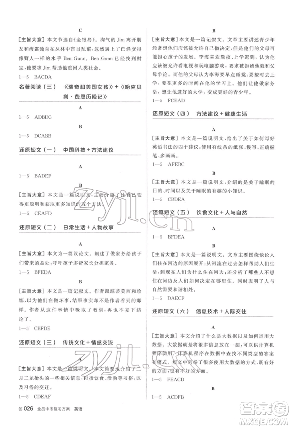 陽光出版社2022全品中考復習方案聽課手冊英語通用版鹽城專版參考答案