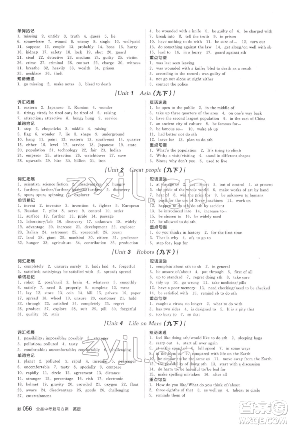 陽光出版社2022全品中考復習方案聽課手冊英語通用版鹽城專版參考答案