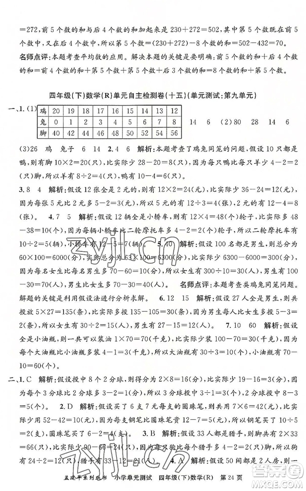 浙江工商大學(xué)出版社2022孟建平小學(xué)單元測試四年級數(shù)學(xué)下冊R人教版答案