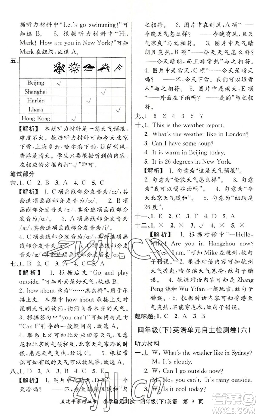 浙江工商大學(xué)出版社2022孟建平小學(xué)單元測(cè)試四年級(jí)英語下冊(cè)R人教版答案