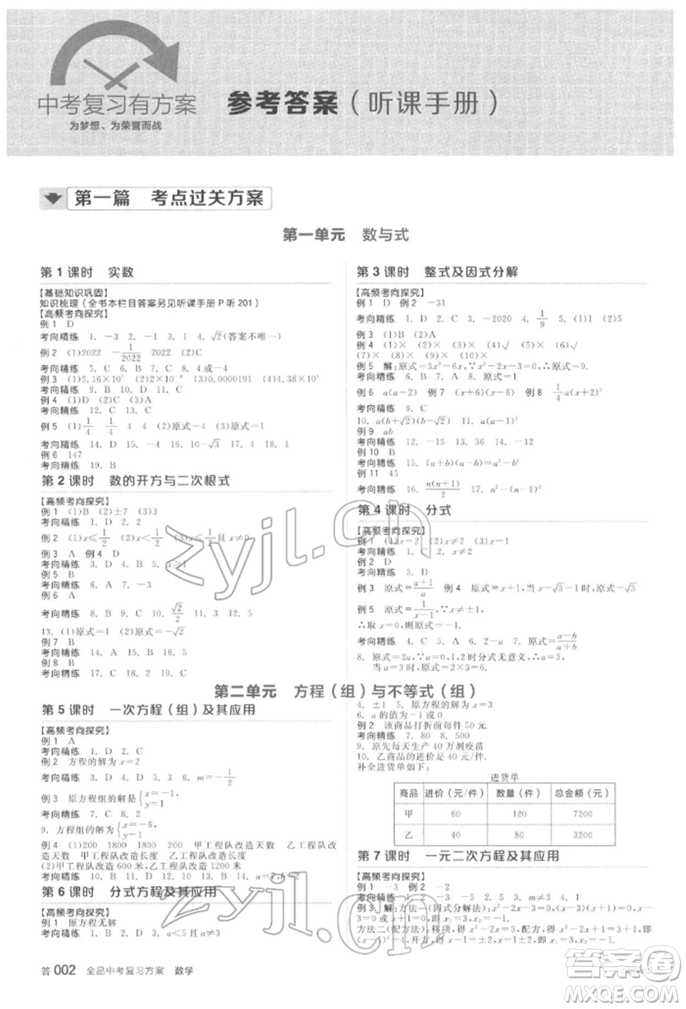 延邊教育出版社2022全品中考復(fù)習(xí)方案聽課手冊數(shù)學(xué)蘇科版鹽城專版參考答案