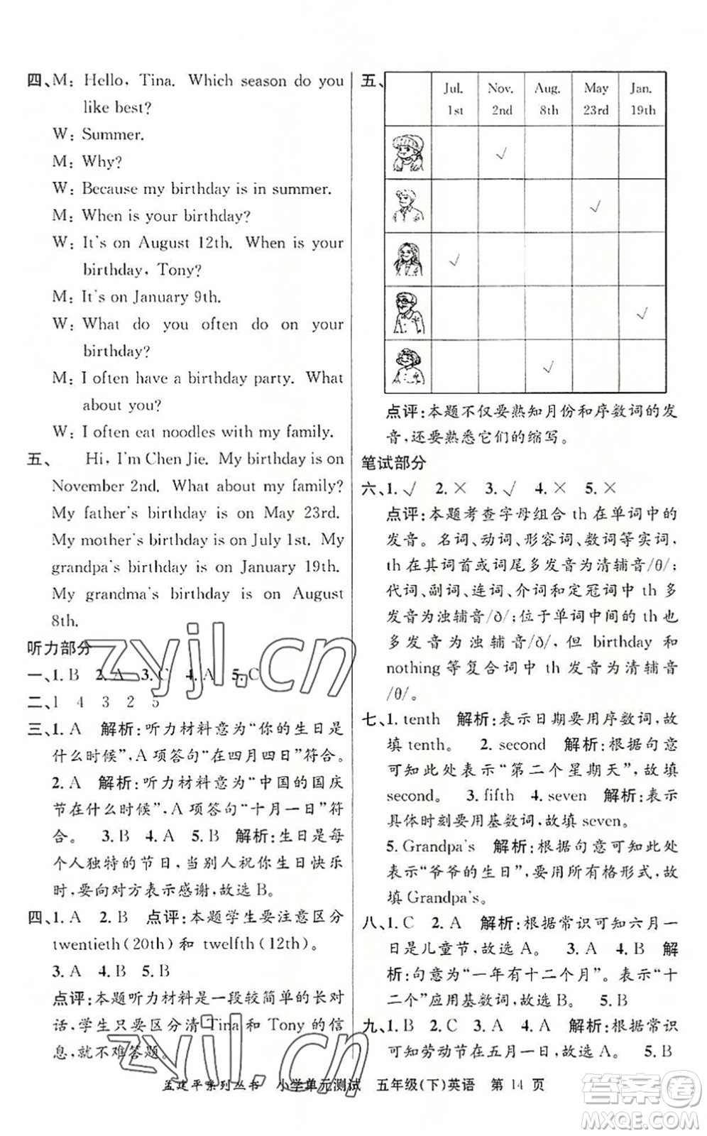 浙江工商大學(xué)出版社2022孟建平小學(xué)單元測試五年級英語下冊R人教版答案