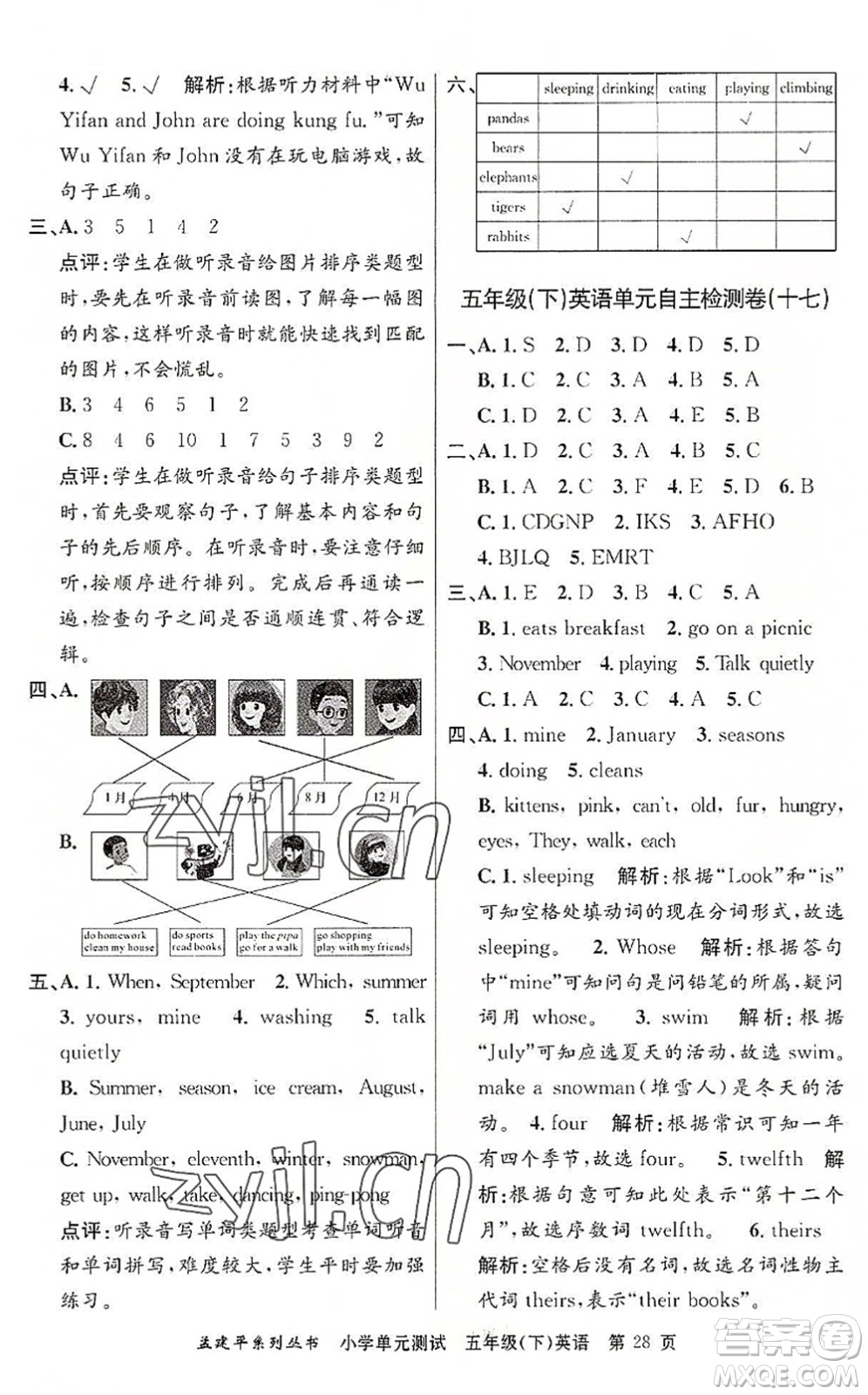 浙江工商大學(xué)出版社2022孟建平小學(xué)單元測試五年級英語下冊R人教版答案