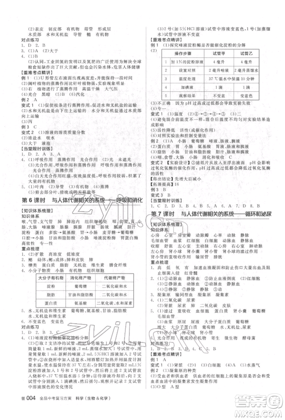 陽光出版社2022全品中考復(fù)習(xí)方案備考手冊科學(xué)生物化學(xué)通用版杭州專版參考答案