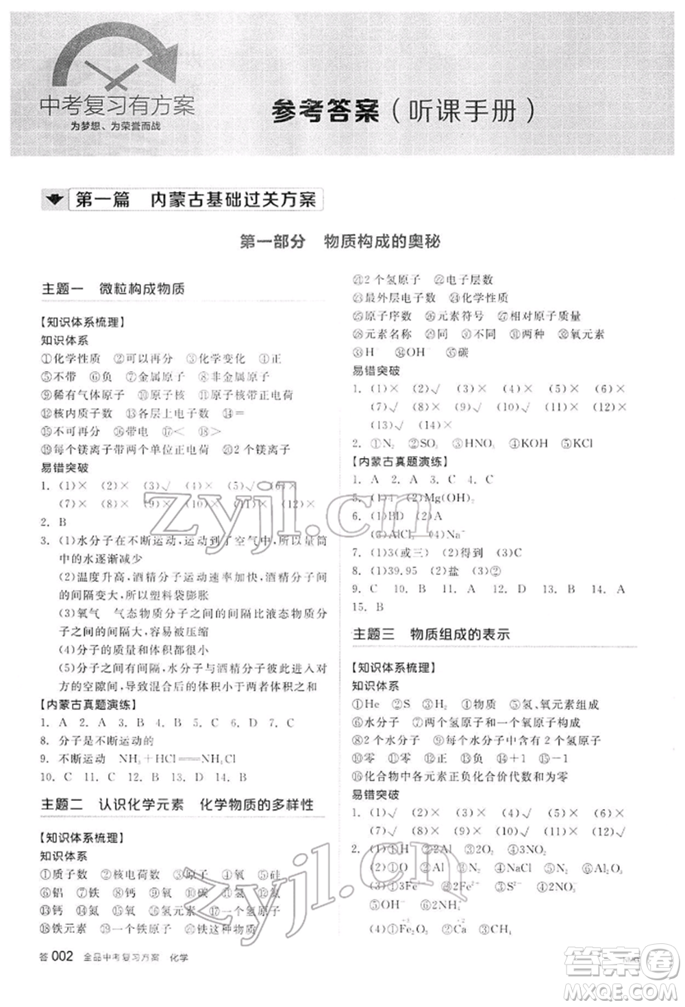 陽光出版社2022全品中考復(fù)習(xí)方案聽課手冊化學(xué)通用版內(nèi)蒙古專版參考答案