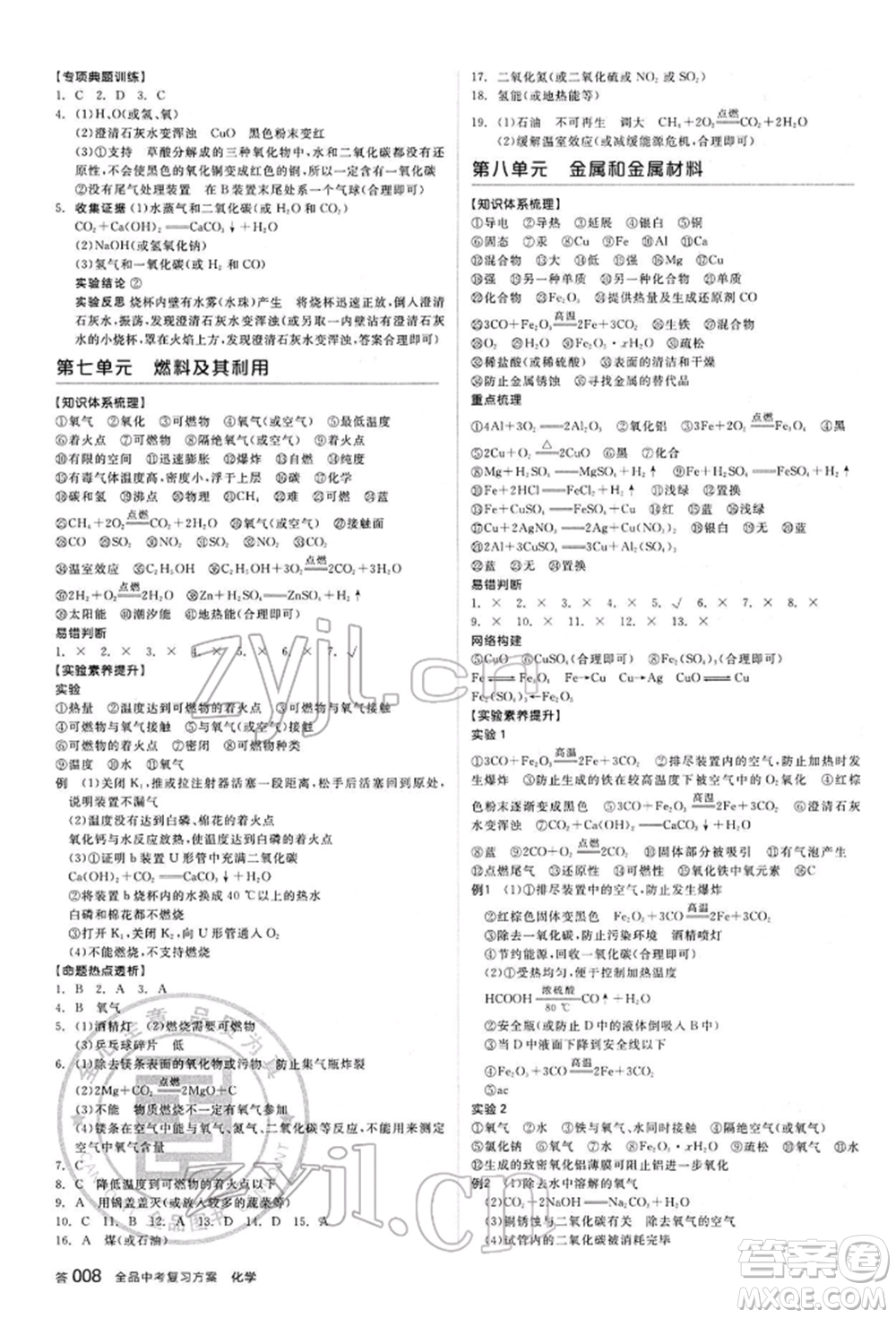 陽光出版社2022全品中考復(fù)習(xí)方案聽課手冊化學(xué)通用版江西專版參考答案