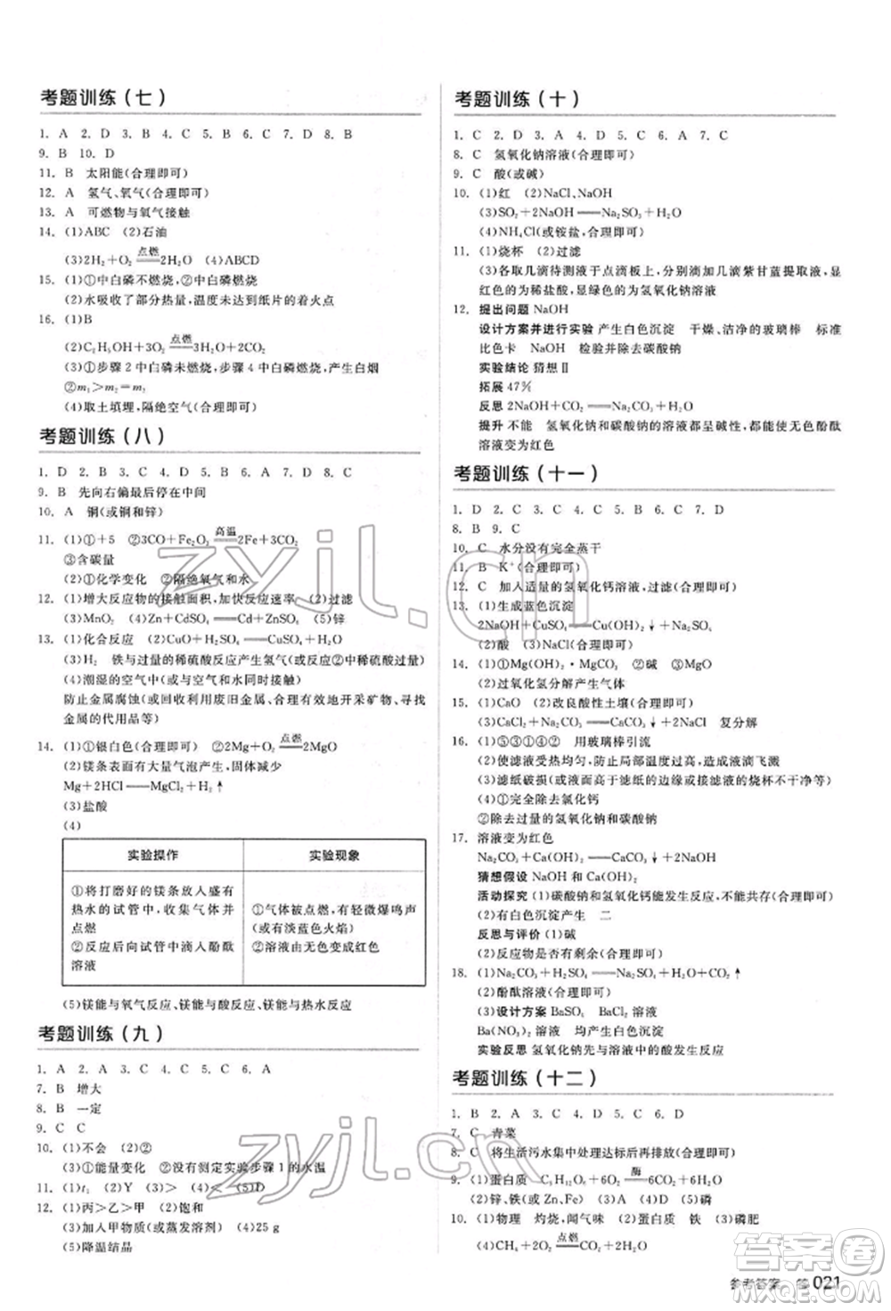 陽光出版社2022全品中考復(fù)習(xí)方案聽課手冊化學(xué)通用版江西專版參考答案