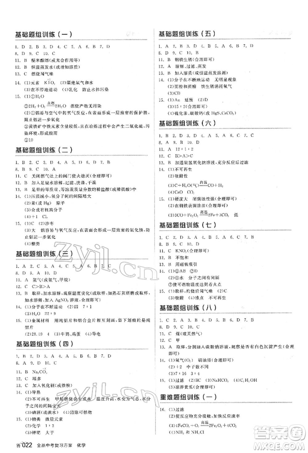 陽光出版社2022全品中考復(fù)習(xí)方案聽課手冊化學(xué)通用版江西專版參考答案