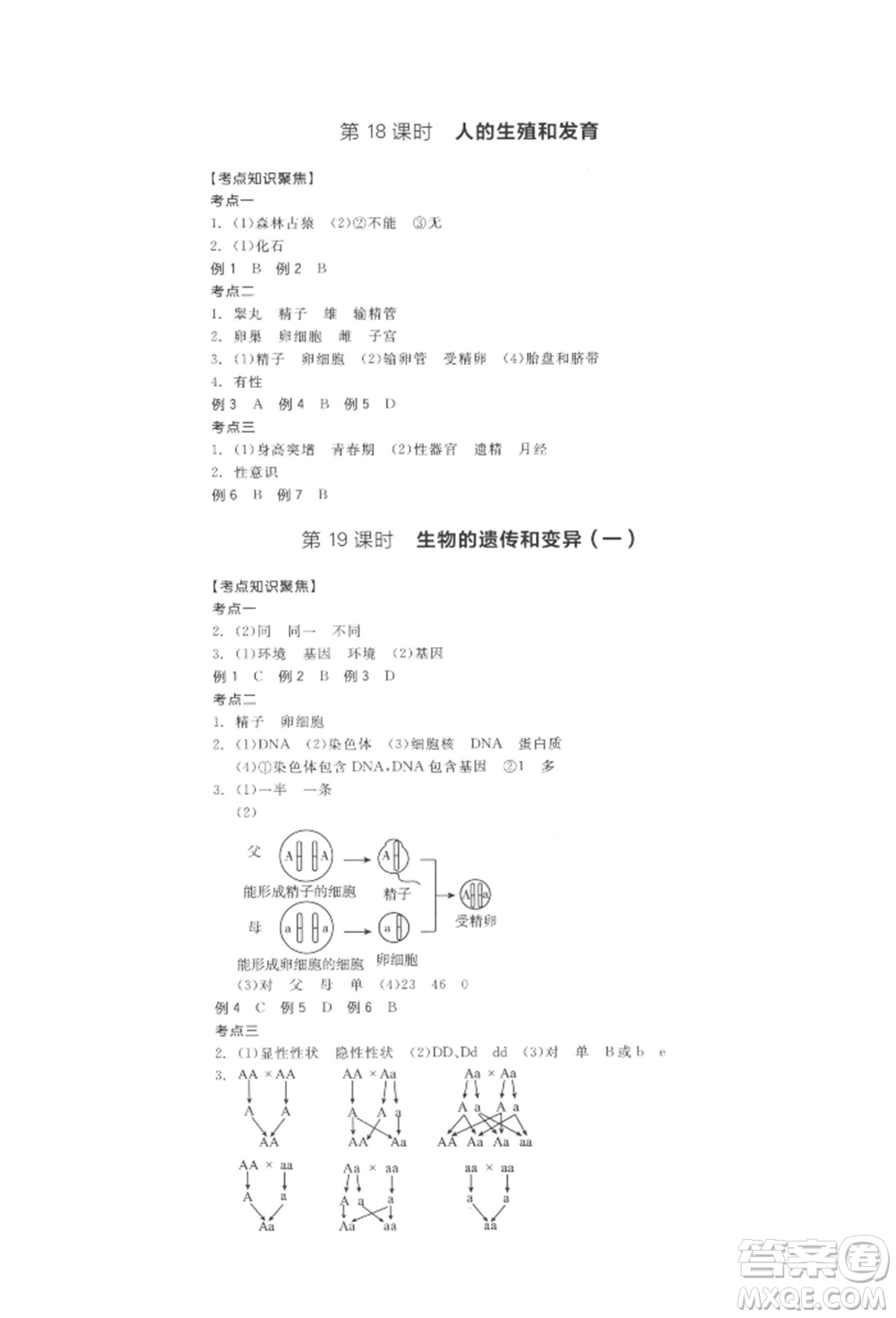 陽光出版社2022全品中考復(fù)習(xí)方案聽課手冊生物學(xué)通用版江西專版參考答案