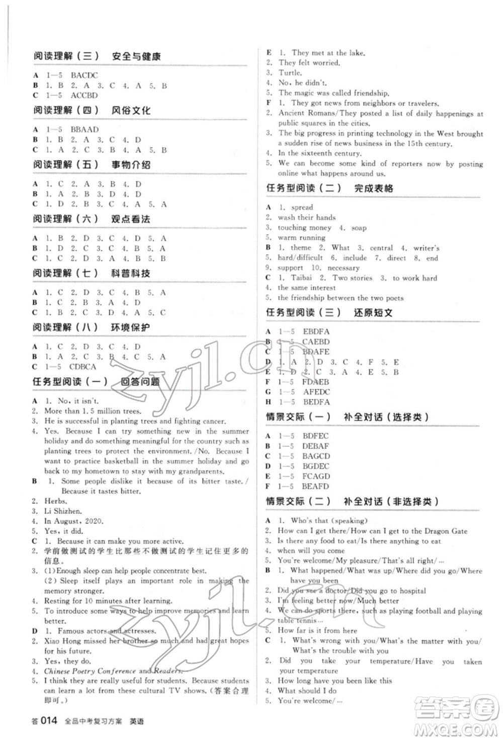 陽光出版社2022全品中考復習方案聽課手冊英語人教版新疆專版參考答案