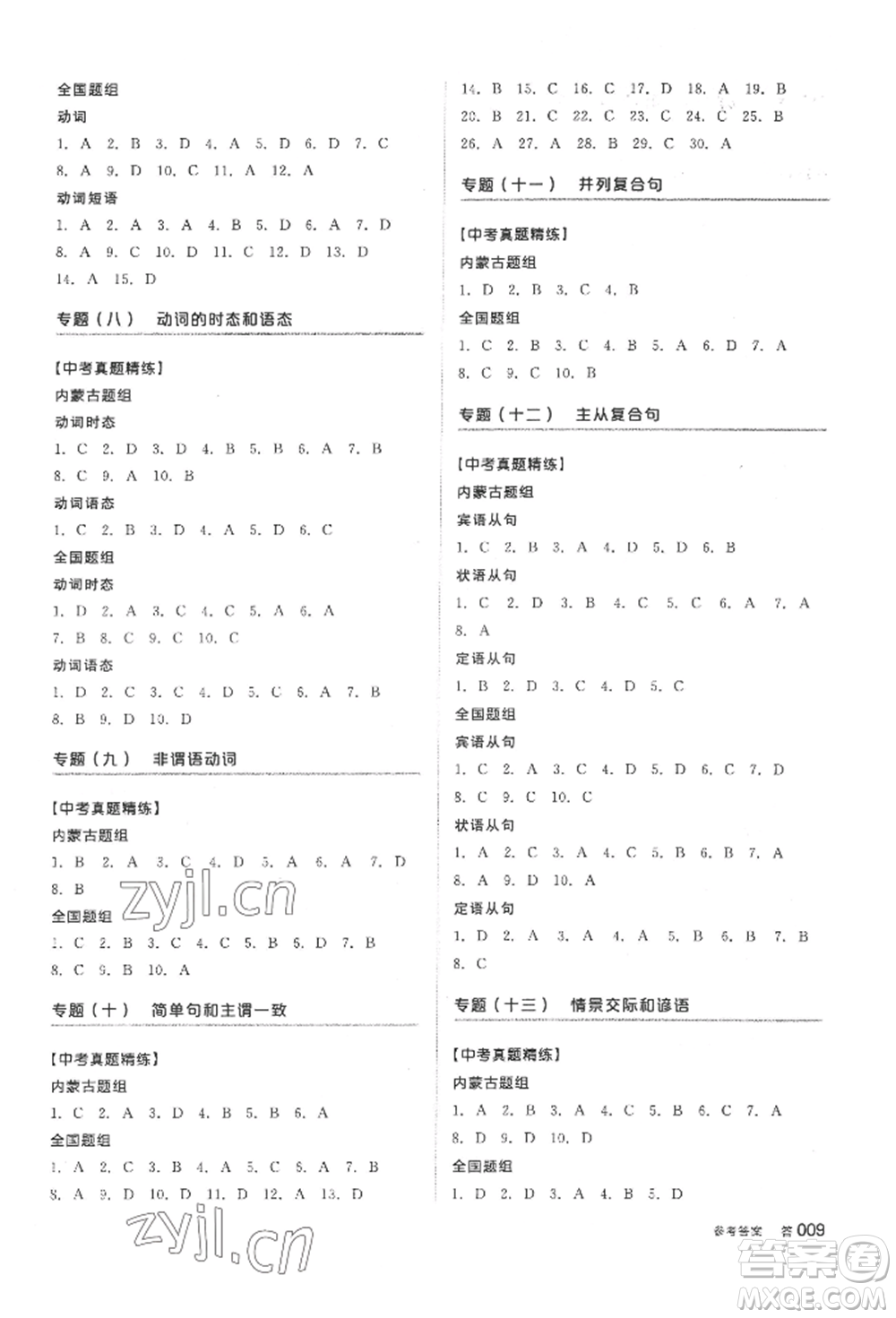 延邊教育出版社2022全品中考復(fù)習(xí)方案聽課手冊(cè)英語外研版內(nèi)蒙古專版參考答案