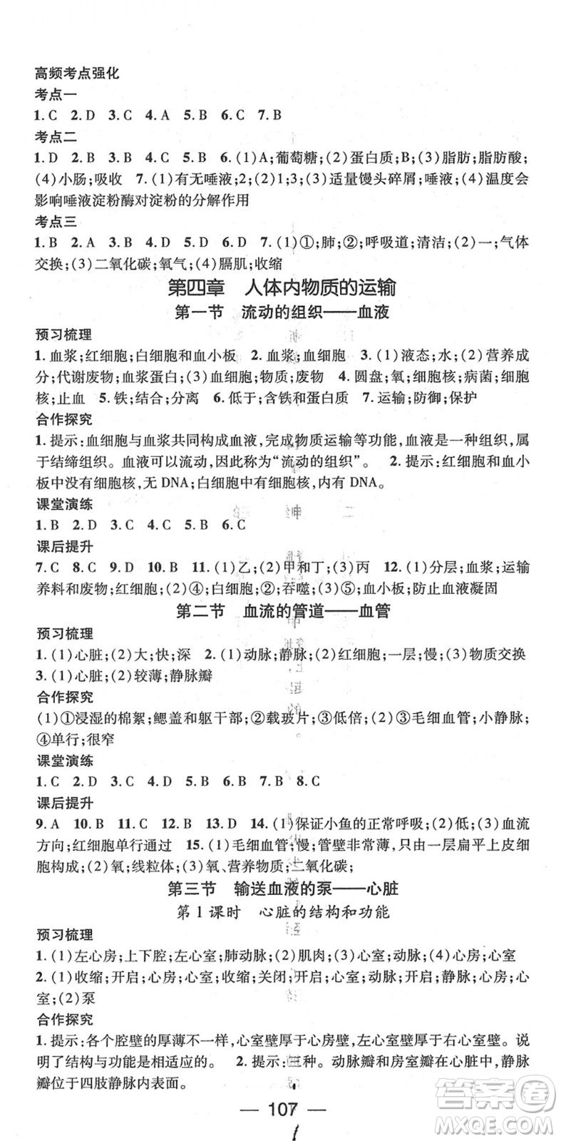 陽(yáng)光出版社2022精英新課堂七年級(jí)生物下冊(cè)RJ人教版答案