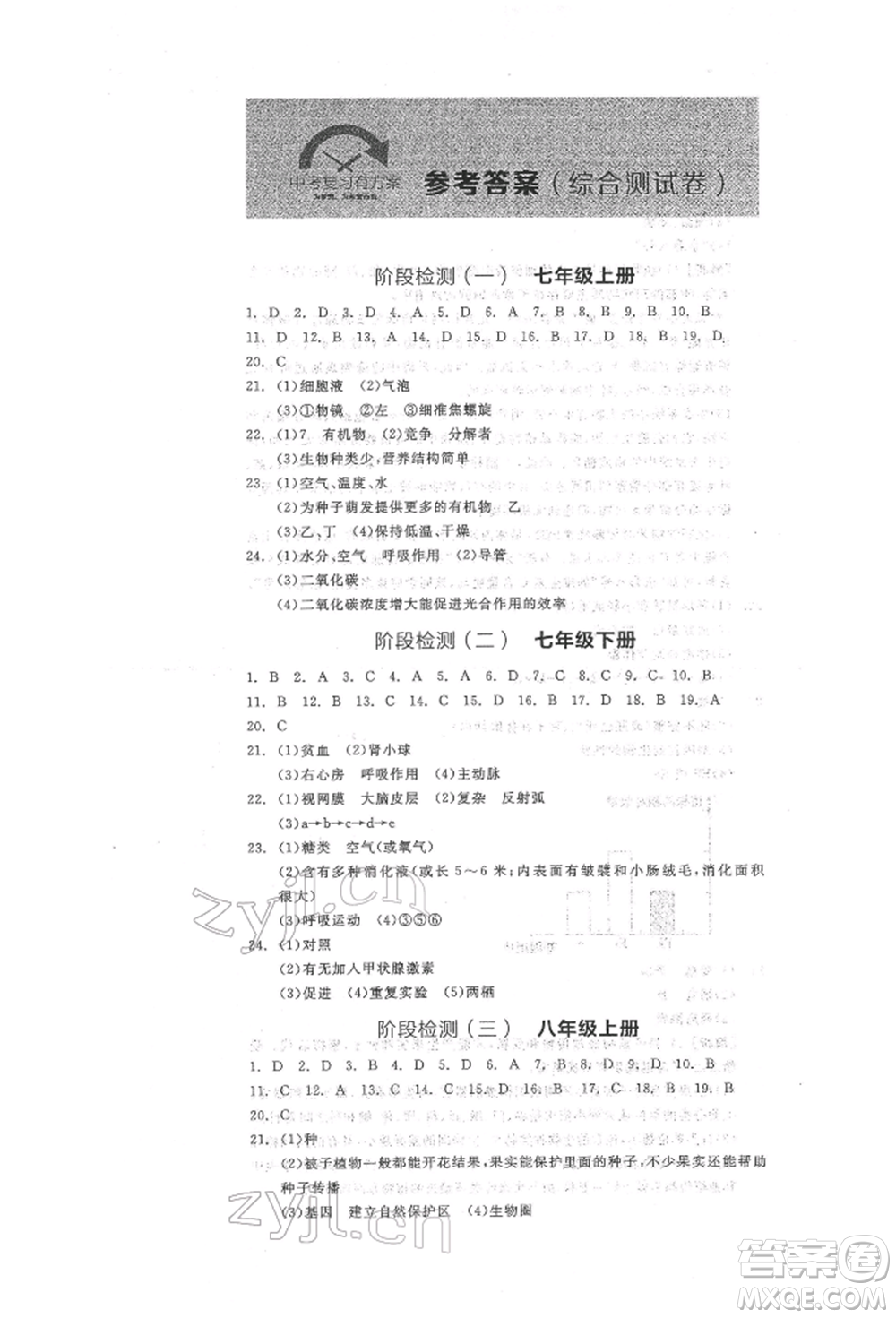 陽光出版社2022全品中考復(fù)習(xí)方案聽課手冊生物學(xué)人教版參考答案