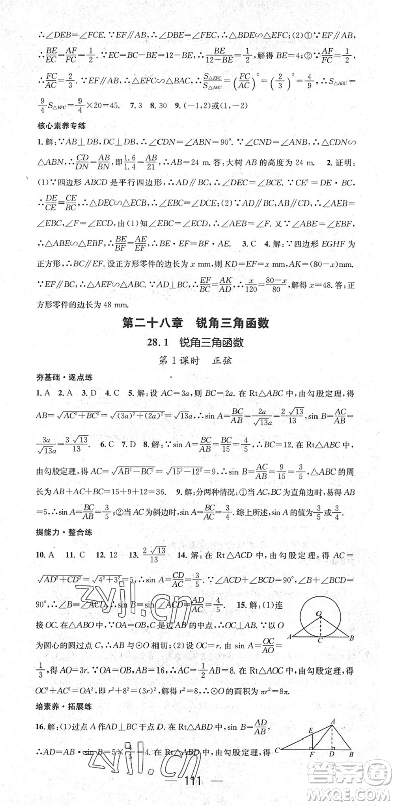 陽(yáng)光出版社2022精英新課堂九年級(jí)數(shù)學(xué)下冊(cè)RJ人教版答案