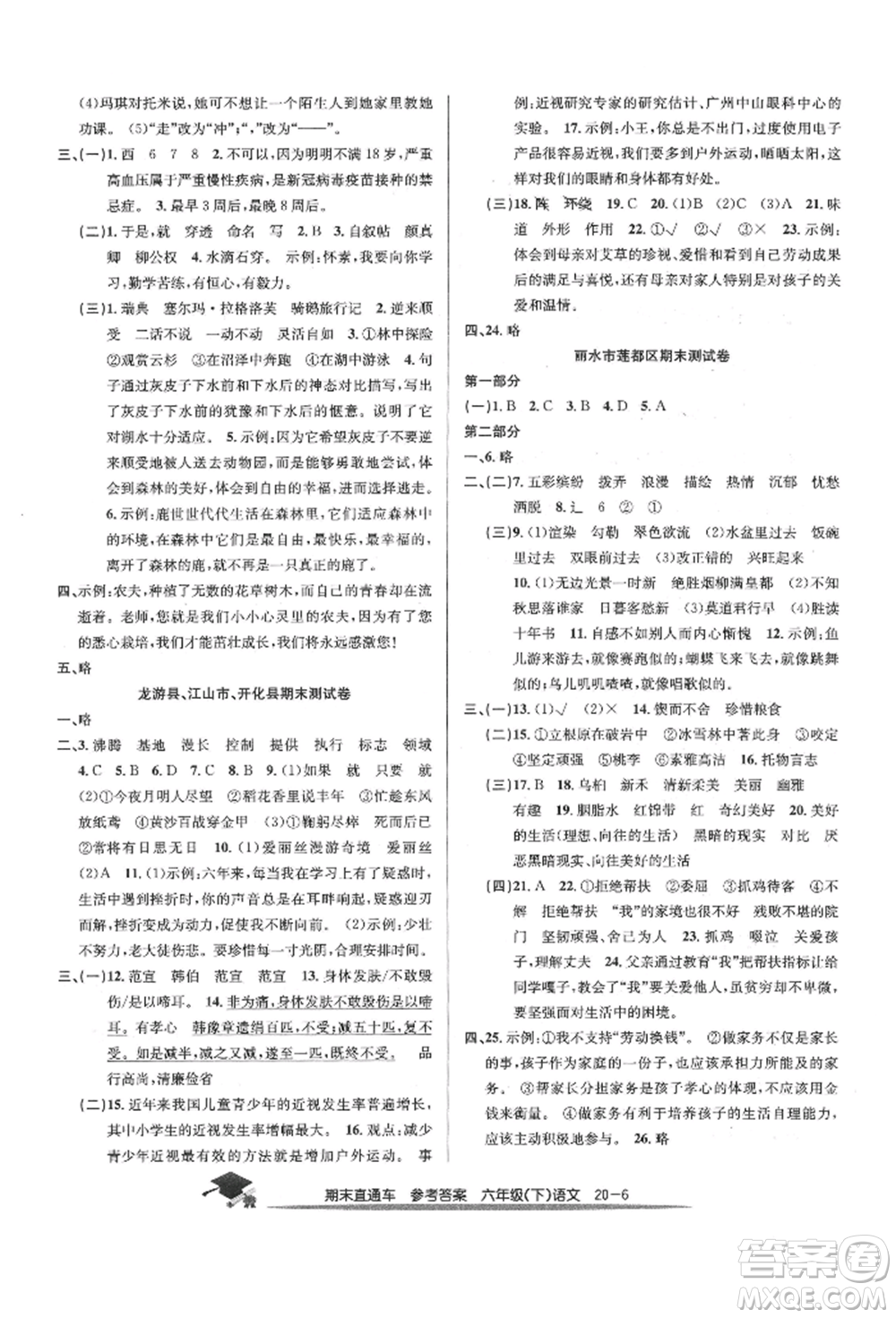 浙江工商大學出版社2022期末直通車六年級下冊語文人教版參考答案