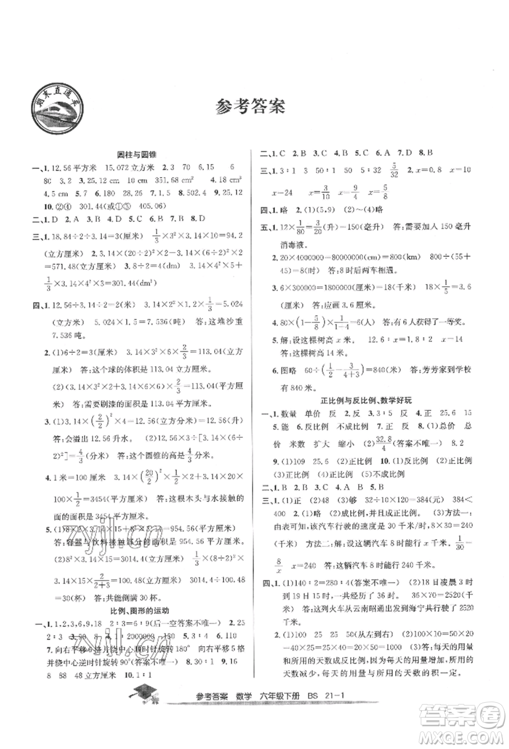 寧波出版社2022期末直通車六年級(jí)下冊(cè)數(shù)學(xué)北師大版參考答案